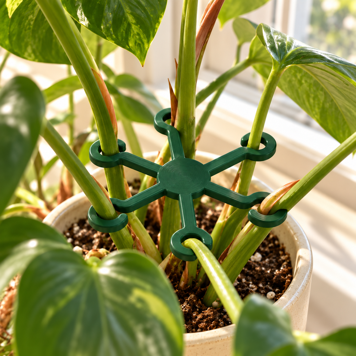 Close-up of a green six-hook plant stem support guiding several stems in a potted houseplant