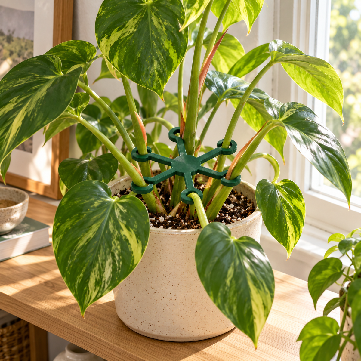 Variegated houseplant in a cream planter by a window with a green support around its stems