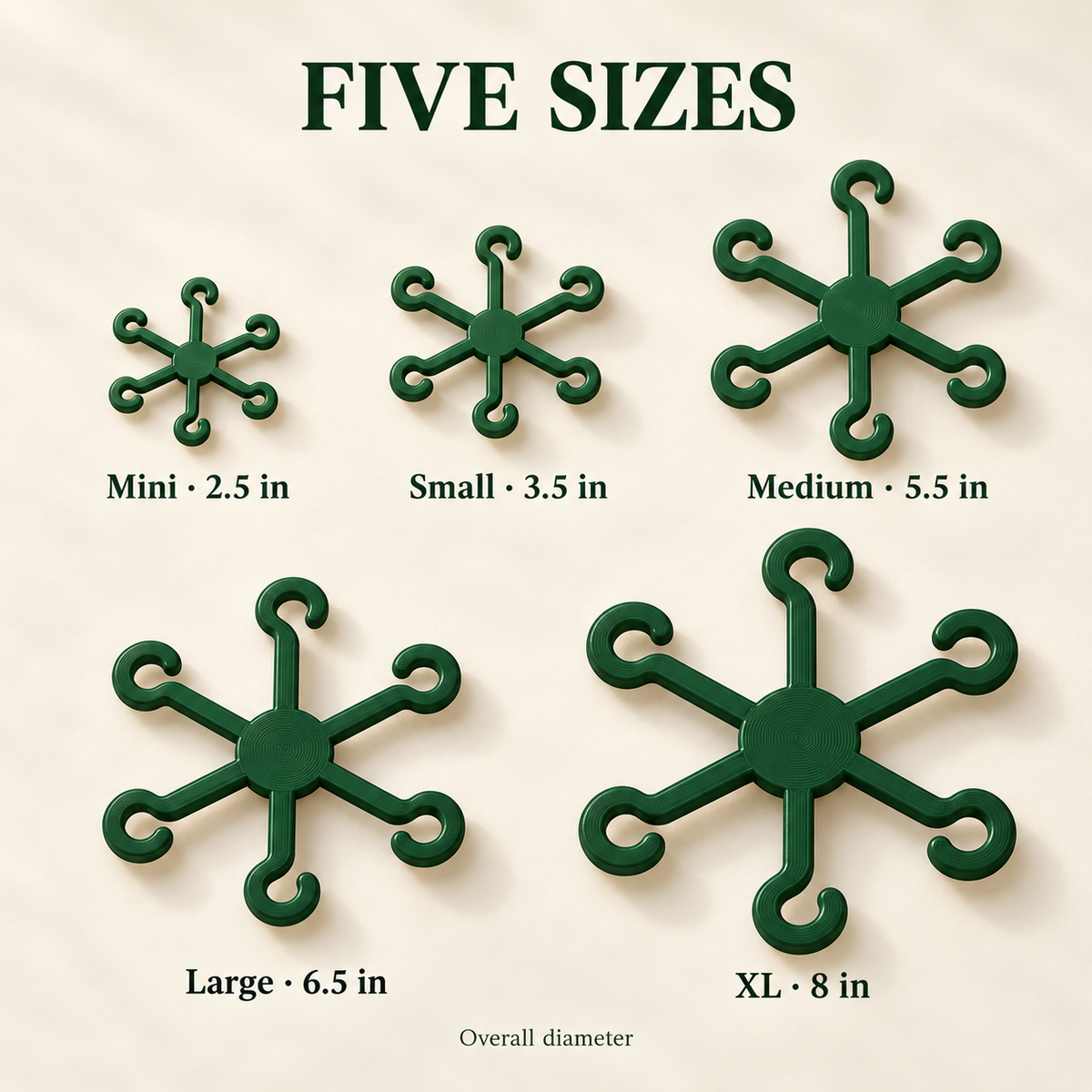 Five green six-hook stem supports labeled Mini, Small, Medium, Large, and XL with overall diameters