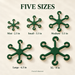 Five green six-hook stem supports labeled Mini, Small, Medium, Large, and XL with overall diameters