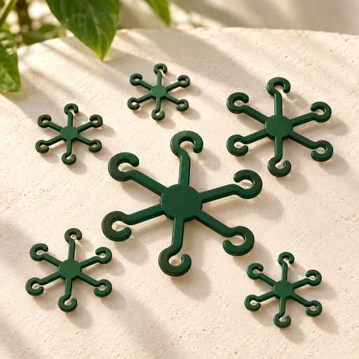 Six green 3D printed plant stem supports in varied sizes on a light stone surface
