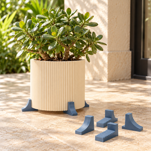 Blue-grey Canto pot feet supporting a cream fluted planter, with four separate feet beside it.