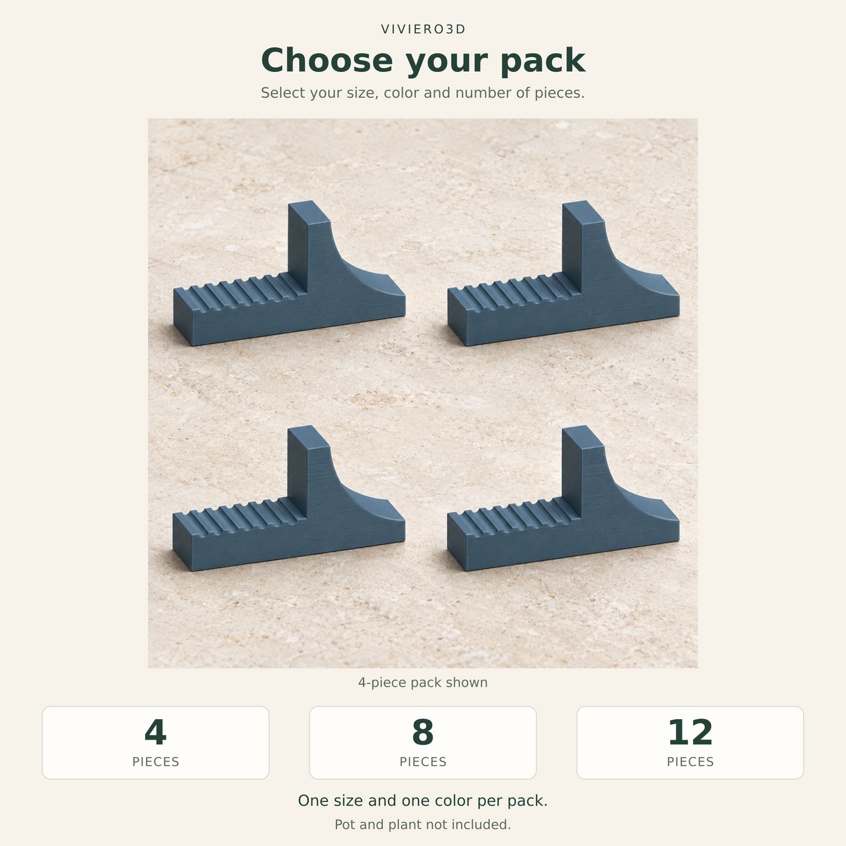 Canto pot feet pack guide showing four matching feet and options of 4, 8 or 12 pieces in one size and color.