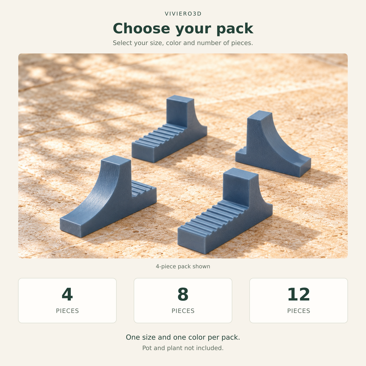 Pot feet available in packs of 4, 8 or 12 pieces, with one size and one color per pack.