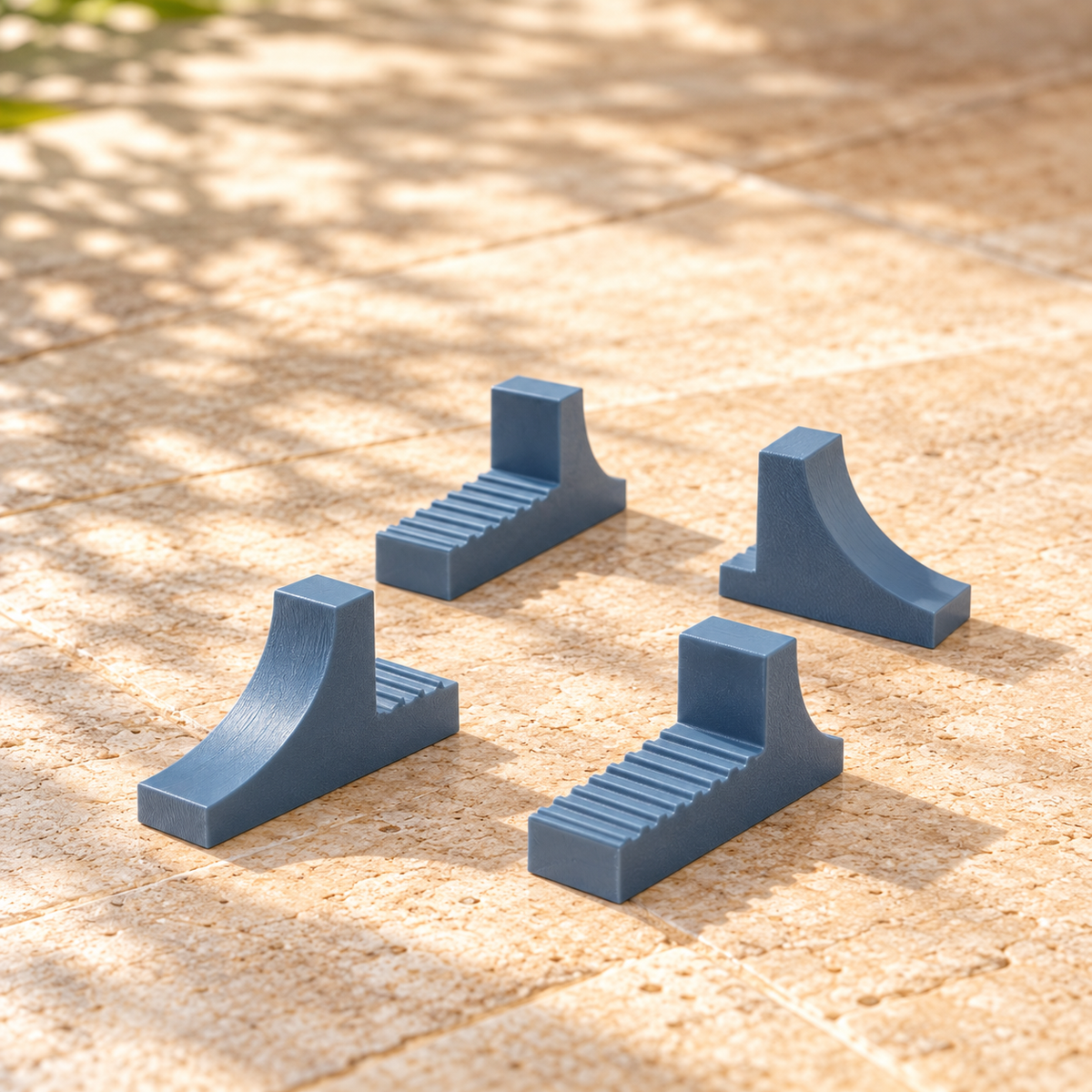 Four blue-grey ASA plant pot feet showing grooved support platforms and curved outer profiles.