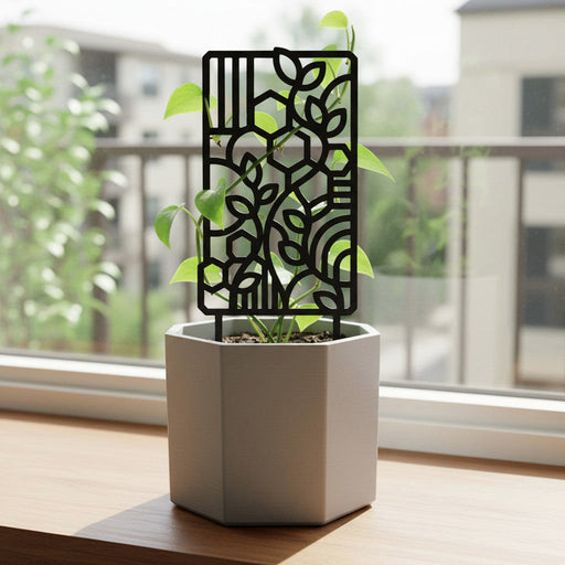 Viviero3d "Mosaic" black geometric plant trellis with climbing vines, 3D printed.