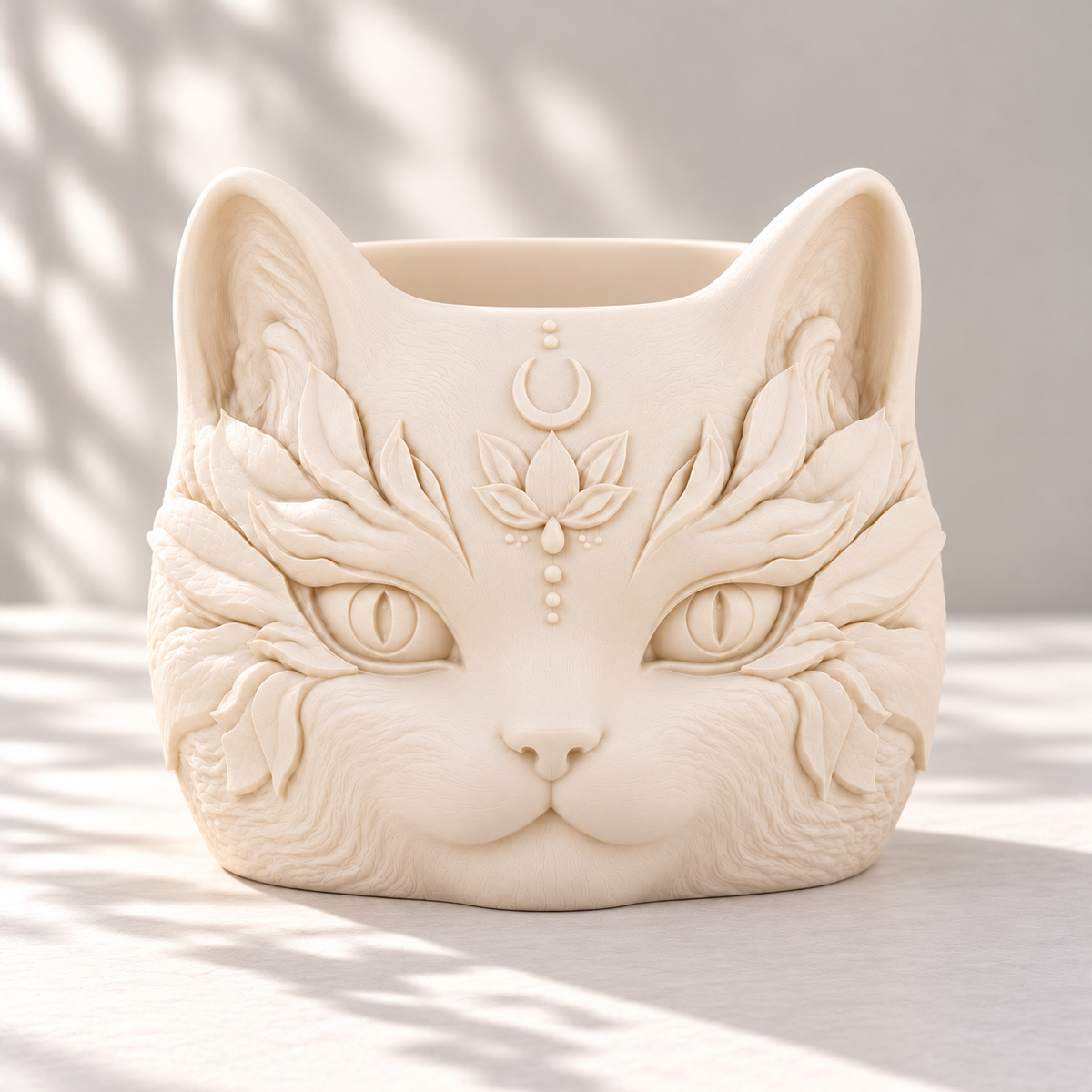Front view of an empty cream white Sentinel cat planter with pointed ears and crescent moon relief