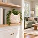Sentinel cat planter with green hoya on an oak shelf above white cabinets in a sunlit living room