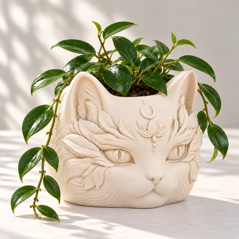 Cream white Sentinel cat planter with botanical relief and trailing green hoya