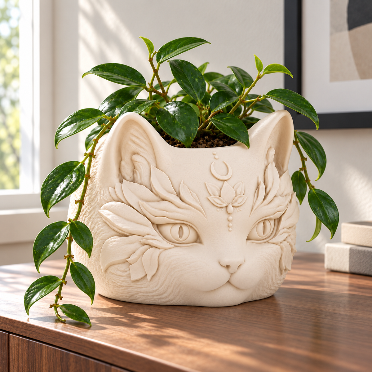 Cream white cat planter with trailing green hoya on a walnut console beside a sunlit window