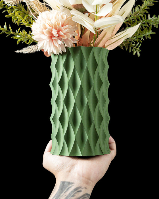 close-up of green 3d printed vase with geometric diamond texture, flower vase for dried floral compositions, aesthetic vase, personalized vase, home office decor, vases for flowers, modern vase, unique home decor, unique gift