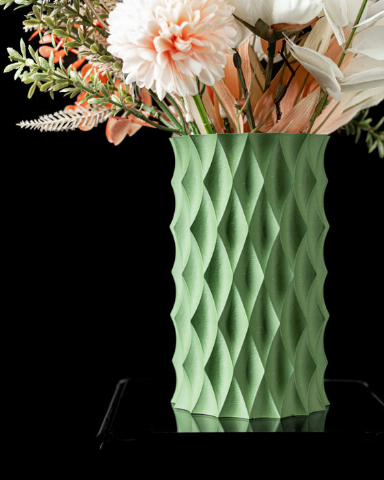 green 3d printed vase with sharp-cut diamond pattern, perfect modern vase for dried flowers or display stems, flower vase, unique gift, home office decor, personalized vase, vases for flowers, unique home decor, aesthetic vase