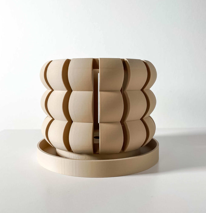 beige orchid pot with bold vertical cuts and rounded sculptural segments, 3d printed orchid planter with integrated ventilation and drainage hole, decorative pot for orchids with smooth matte finish and modular ring-like structure, personalized orchid pot made to order, plant pot with matching saucer, modern flower planter for repotting and airflow, unique orchid decor, orchid pot with drainage for healthy roots