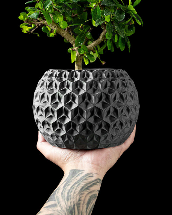 low planter pot with faceted ornate flower pot texture and modern finish, black color, part of 3d printed planter collection, great choice for indoor planters and gifts for mom, stylish book plant pot with unique home decor appeal and succulent pots compatibility