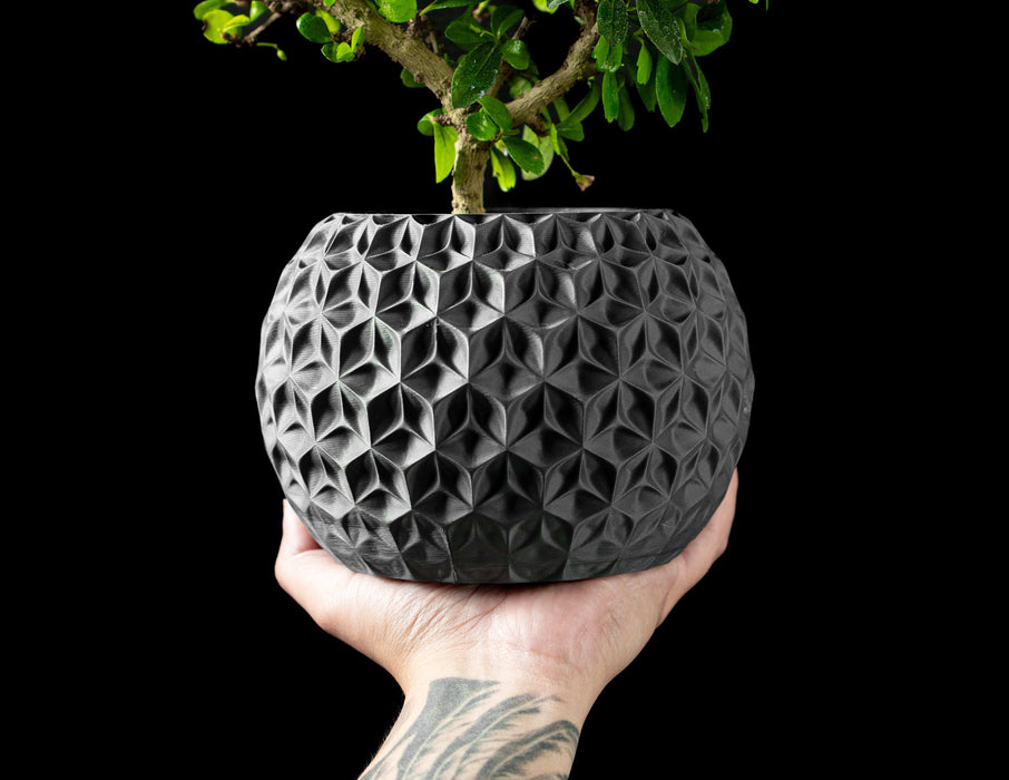matte black book plant pot with geometric textured surface, 3d printed low planter pot perfect for succulents or small plants, part of unique home decor category, doubles as ornate flower pot or modern indoor planter