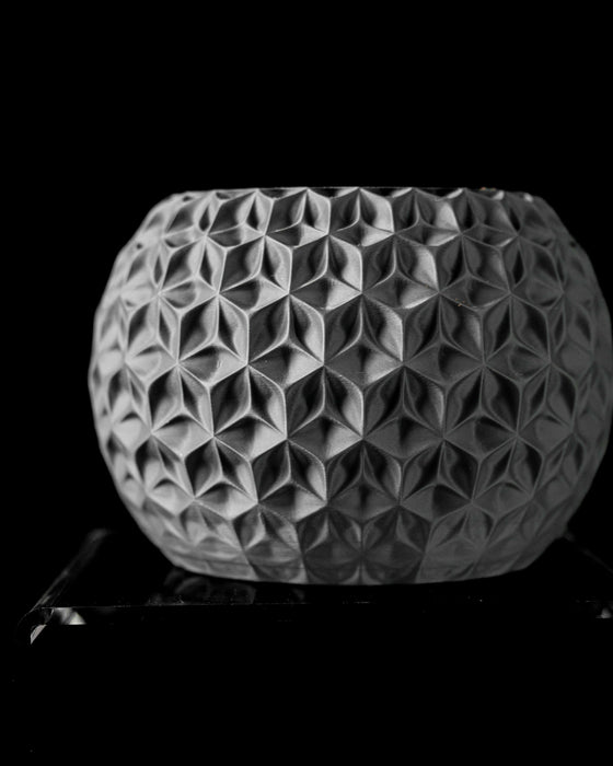 unique home decor planter pot in black, with ornate flower pot geometry, ideal low planter pot for succulents or houseplants, modern planter pots unique in style, giftable as a 3d printed planter or flower pots for mom