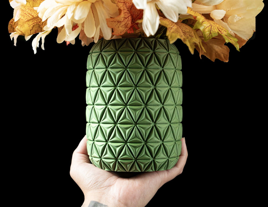 stylish green miniature vase with flowing interwoven strips forming a symmetrical organic mesh, perfect for decorative dried flower arrangements or personalized gifts, 3d printed vase ideal for modern interiors and unique home decor displays