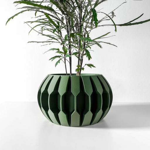 Dark green geometric planter pot featuring a rounded design with pronounced vertical ridges, perfect for succulents and small plants, modern decorative flower pot, stylish tabletop planter, sculptural 3D printed planter pot