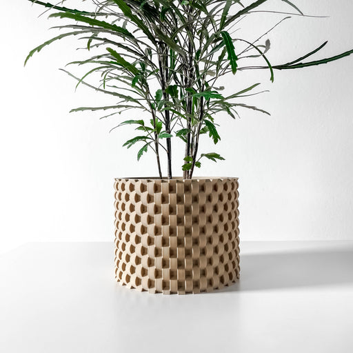 Cylindrical 3D printed planter pot with detailed honeycomb pattern, sleek vertical walls and smooth matte finish made from eco-friendly PLA