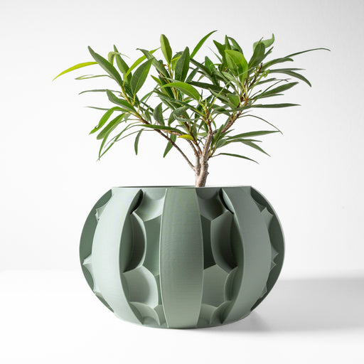 Futuristic 3D printed planter pot with rounded silhouette and deep vertical wave-like cut-outs – with plant