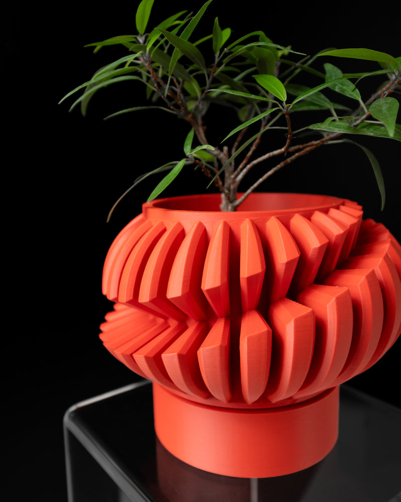 Orange Luxira finned spiral planter with a leafy indoor plant on a black background
