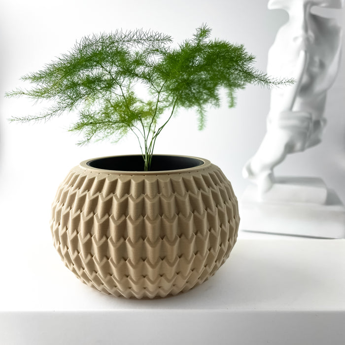 Beige geometric planter pot depicted from rear-side perspective, detailed honeycomb texture, stylish home accent for succulents and small plants, contemporary decorative planter pot