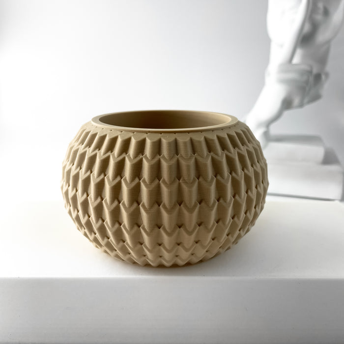 Close-up angled perspective of beige 3D printed geometric planter pot emphasizing detailed honeycomb-textured surface, sculptural modern flower pot, sophisticated tabletop decoration