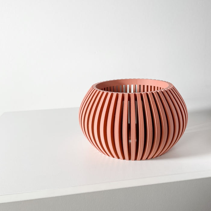 terracotta 3D printed orchid planter with a drainage tray, designed with a ribbed texture. This pot is perfect for orchids and other indoor plants, offering both aesthetic appeal and practical care.