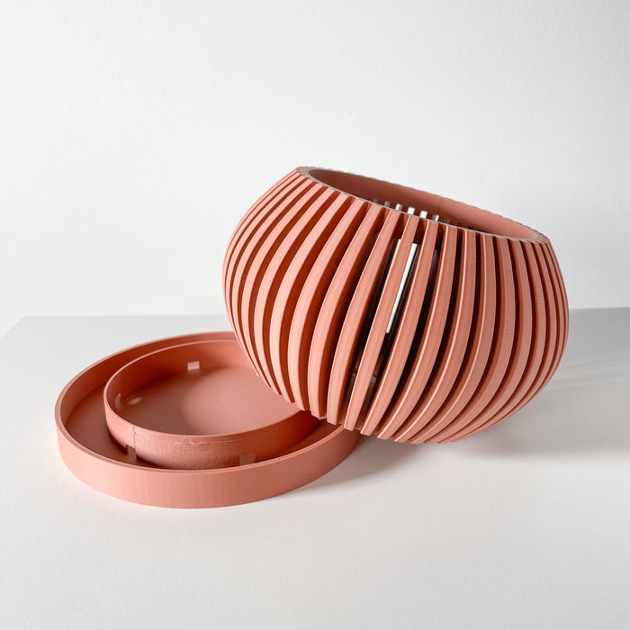 Side view of a 3D printed ribbed peach orchid planter with drainage hole and tray. Designed for home decor, this modern planter is ideal for orchids, ensuring proper drainage and healthy plant growth.