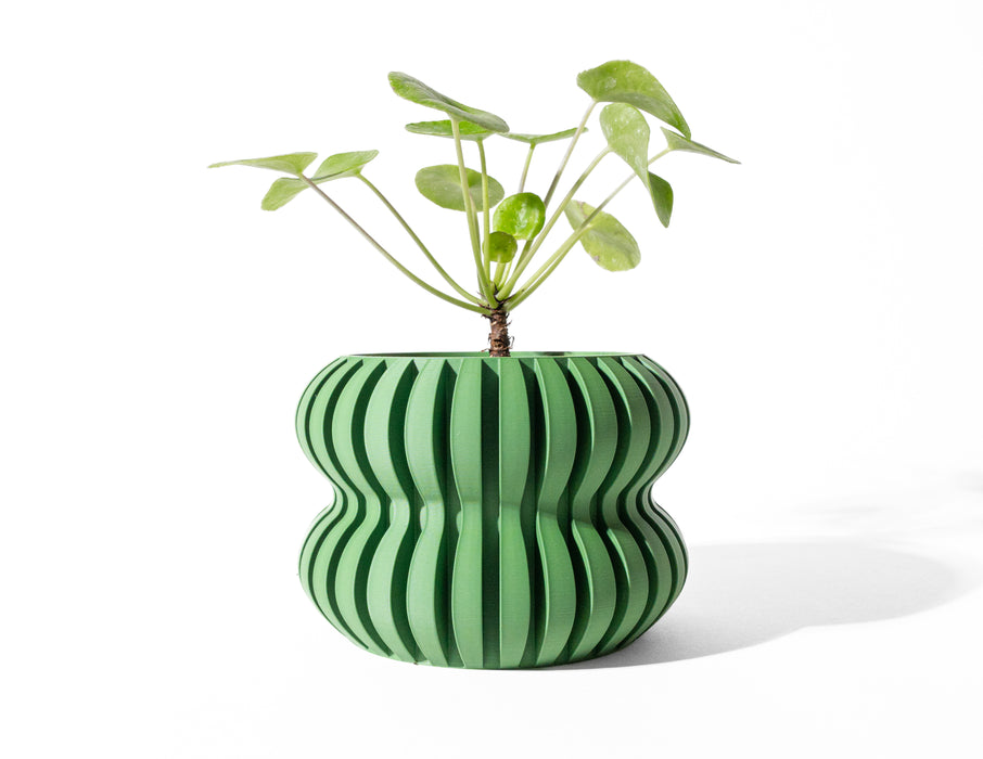 Wavy organic form plant pot in vivid green PLA, ideal for futuristic home decor, shelf styling, or eco-friendly design lovers