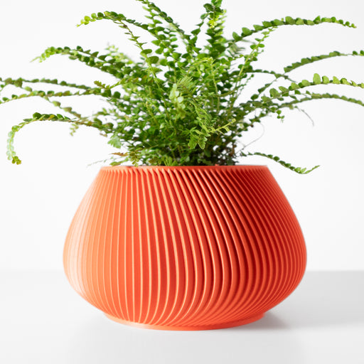 3D printed planter pot with wide rounded body and vertical ridges, modern sculptural flower pot for indoor plants and home decor