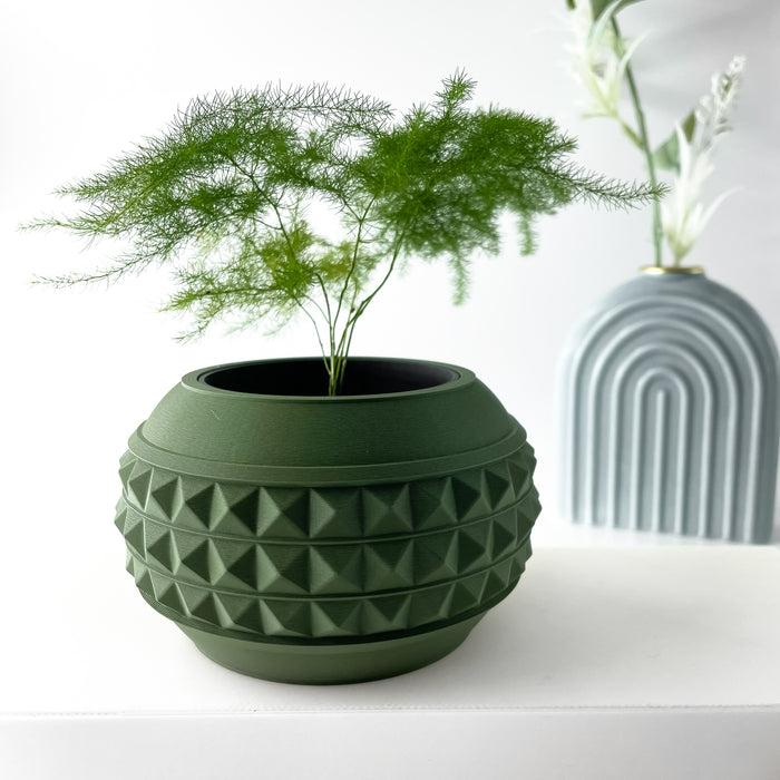 3D printed decorative planter with embossed triangular pyramids in a symmetrical grid, thick top rim and recessed base, made of eco-friendly PLA, suitable for desktops and windowsills