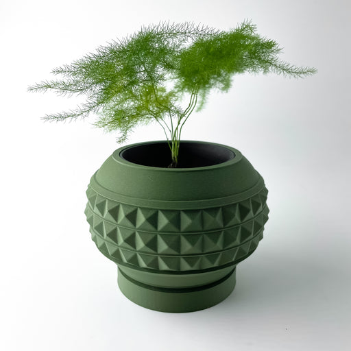 Modern 3D printed planter pot with geometric pyramid pattern, featuring a smooth rounded upper lip, thick-walled body, and elevated circular base for stability, suitable for small indoor plants, color customizable, PLA material