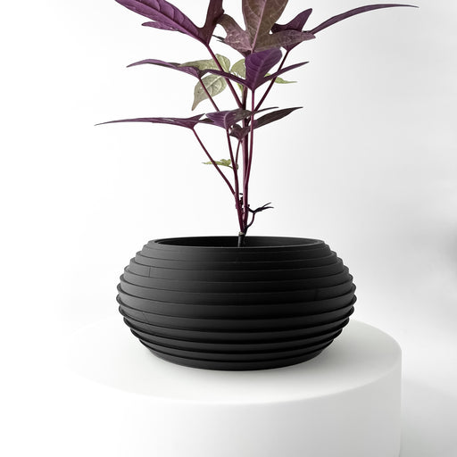 Low-profile 3D printed planter with wide oval shape and horizontal ribbed surface, modern tabletop pot