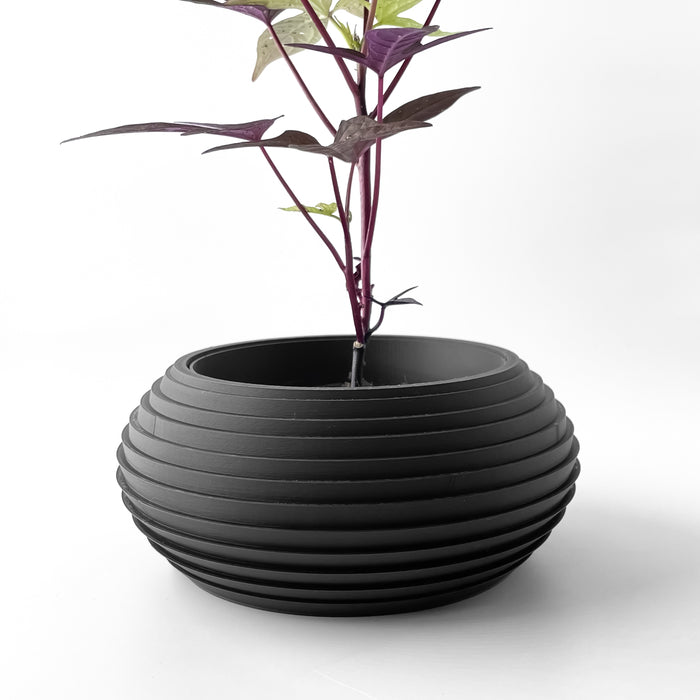Minimalist planter featuring wide base and curved sides with 3D printed lines
