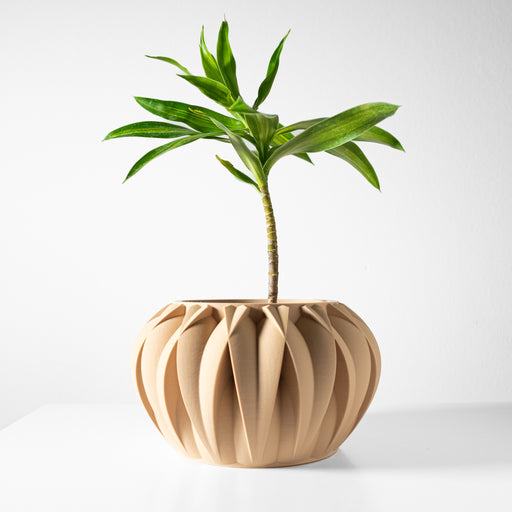 3D printed planter pot with bulbous body and wide vertical grooves, pleated sculptural surface with recessed circular opening and smooth rim