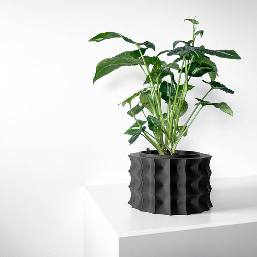Black 3D printed planter with wavy ribbed texture | modern plant pot for indoor greenery | decorative flower pot for minimalist décor