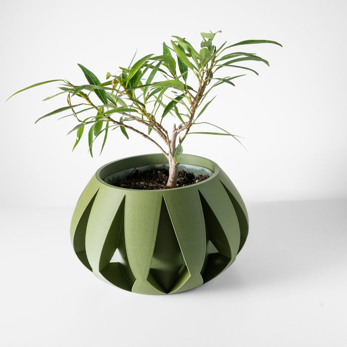 Designer geometric flower pot with fluted ridges and deep cavity, made with additive manufacturing and strong vertical texture