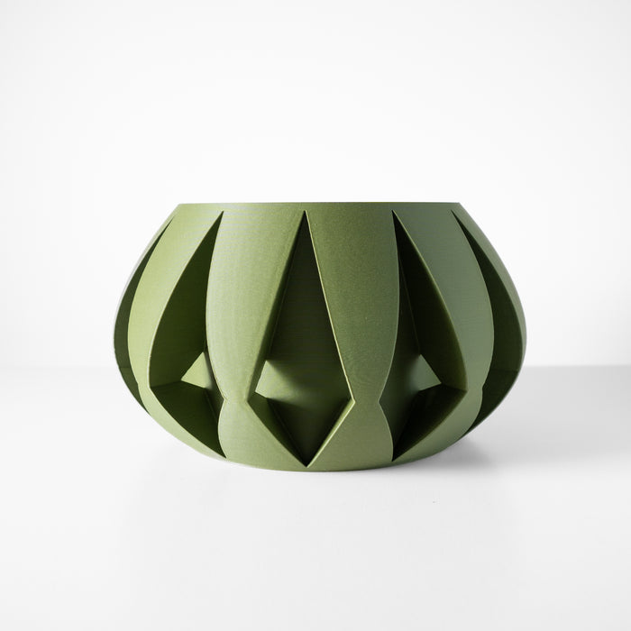 Symmetrical round pot with sculptural ribs and clean surface texture, made using layered 3D printing method