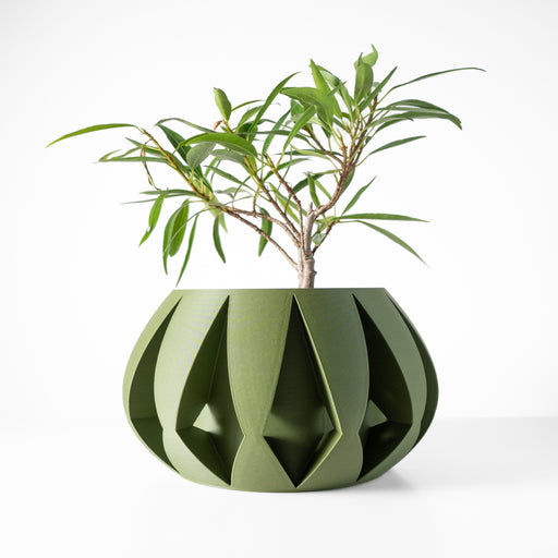 Modern 3D printed planter pot with symmetrical flared ridges, wide circular body, and deep top opening in futuristic green finish