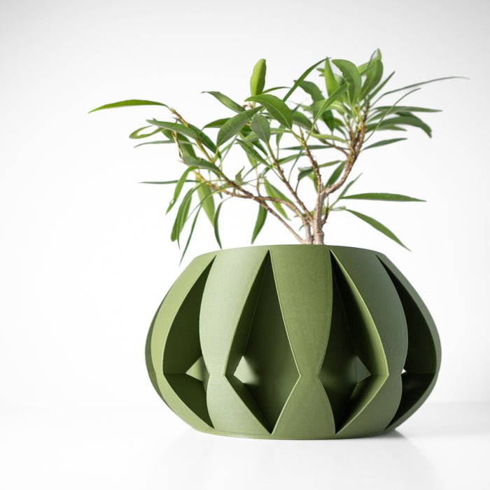 Futuristic 3D printed planter shown with plant, featuring bold vertical flares and sculptural geometry, circular shape with wide rim