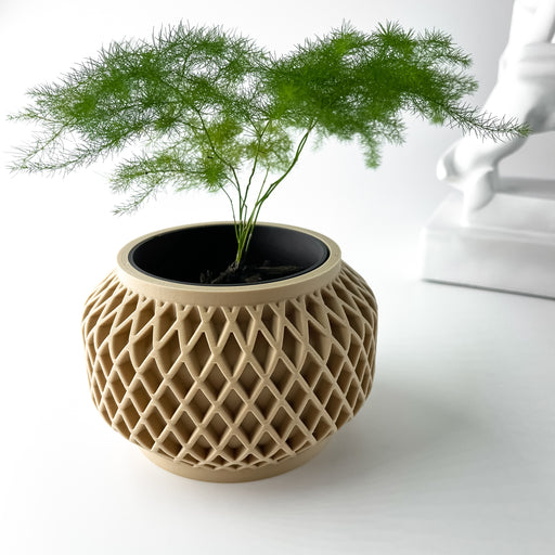 3D printed modern planter with basket weave structure and rounded shape, decorative flower pot for stylish indoor greenery