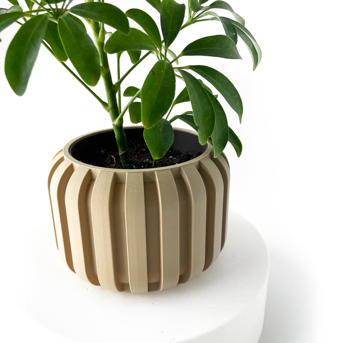 Beige geometric planter with drainage tray, stylish flower pot for succulent or housewarming gift, 3D printed decor
