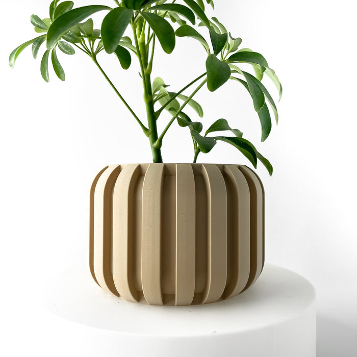 3D printed beige planter pot for indoor plants, modern tabletop flower pot, sculptural design for minimalist home decor
