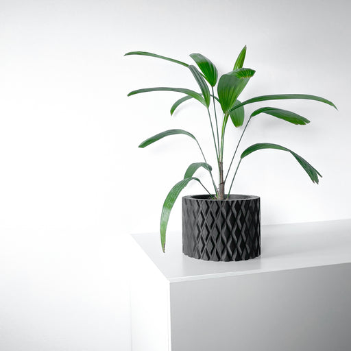 Black 3D printed flower pot with checkerboard texture | modern decorative planter for indoor plants