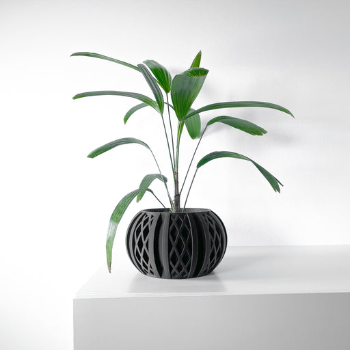Black 3D printed flower pot with deep sculptural grooves | modern tabletop planter for stylish interior spaces