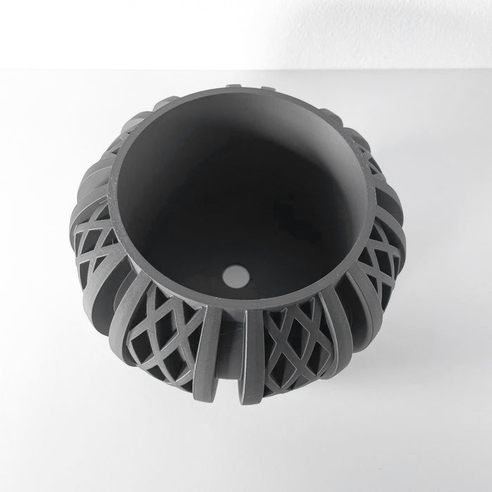 Top view of modern black plant pot with sculptural texture | premium decorative planter with drainage hole