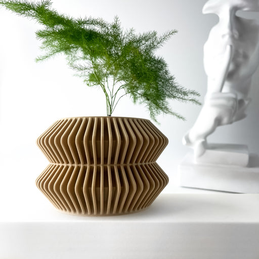 Double-cone 3D printed planter pot with sculptural wave layers, unique tabletop pot for modern plant lovers, perfect for futuristic home decor