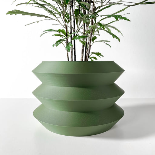 Green 3D printed planter pot with bold wave-like tiers and rounded horizontal ridges, crafted from biodegradable PLA and precision-made for modern plant displays.