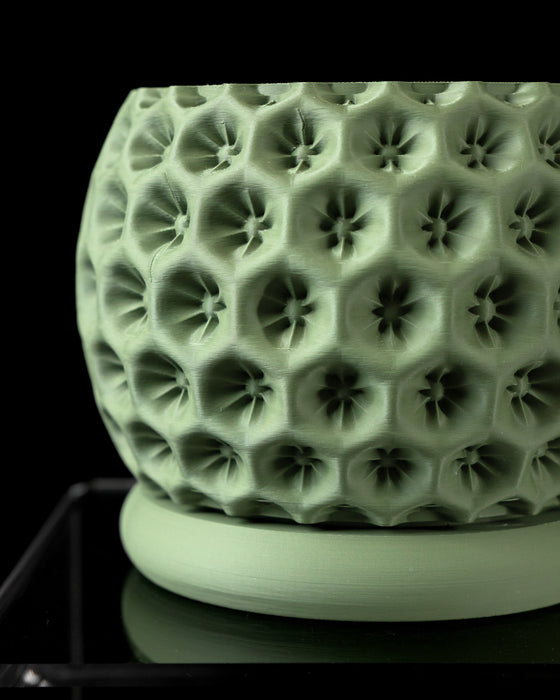 Textured green pot with circular protrusions, perfect for houseplants and home decor